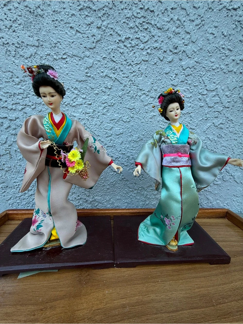 Vintage Japanese Geisha Kimono Dolls Lot of 2 Wooden Base 10